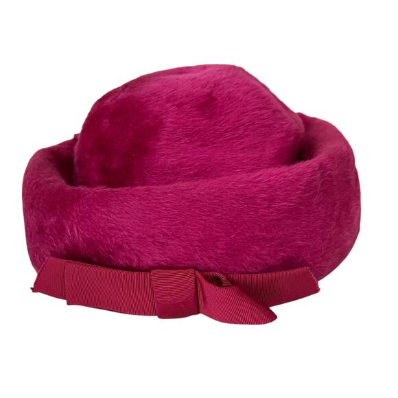 Vintage Gwen Pennington Hat Pink Faux Fur Fluffy Pillbox w/ Triangular Details - Picture 3 of 12